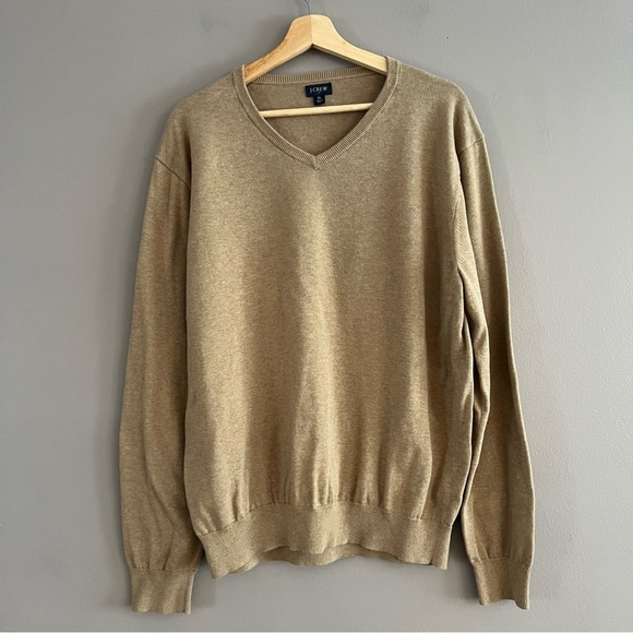 J Crew Mens Sweater V- neck Long Sleeve 100% Cotton Preppy Knit Tan XL - Picture 1 of 10